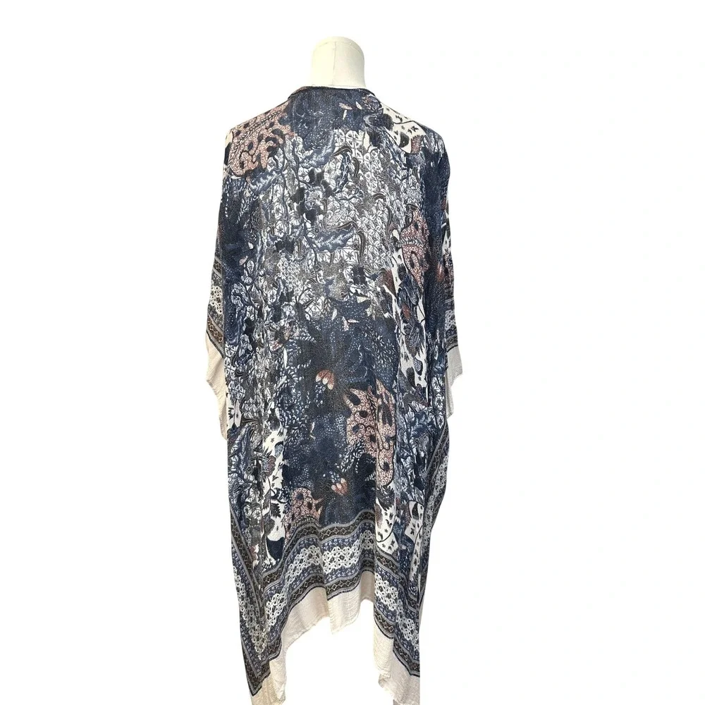 Blue Floral Paisley Boho Kimono Cardigan L-XL Open Front Wrap Gypsy Western - Picture 5 of 8